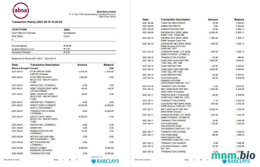 Republika Południowej Afryki ABSA 9 stron szablon w formacie excel pdf